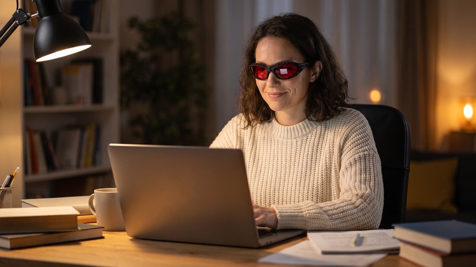 Woman wearing tinted blue-light filter glasses at a laptop in warm evening light