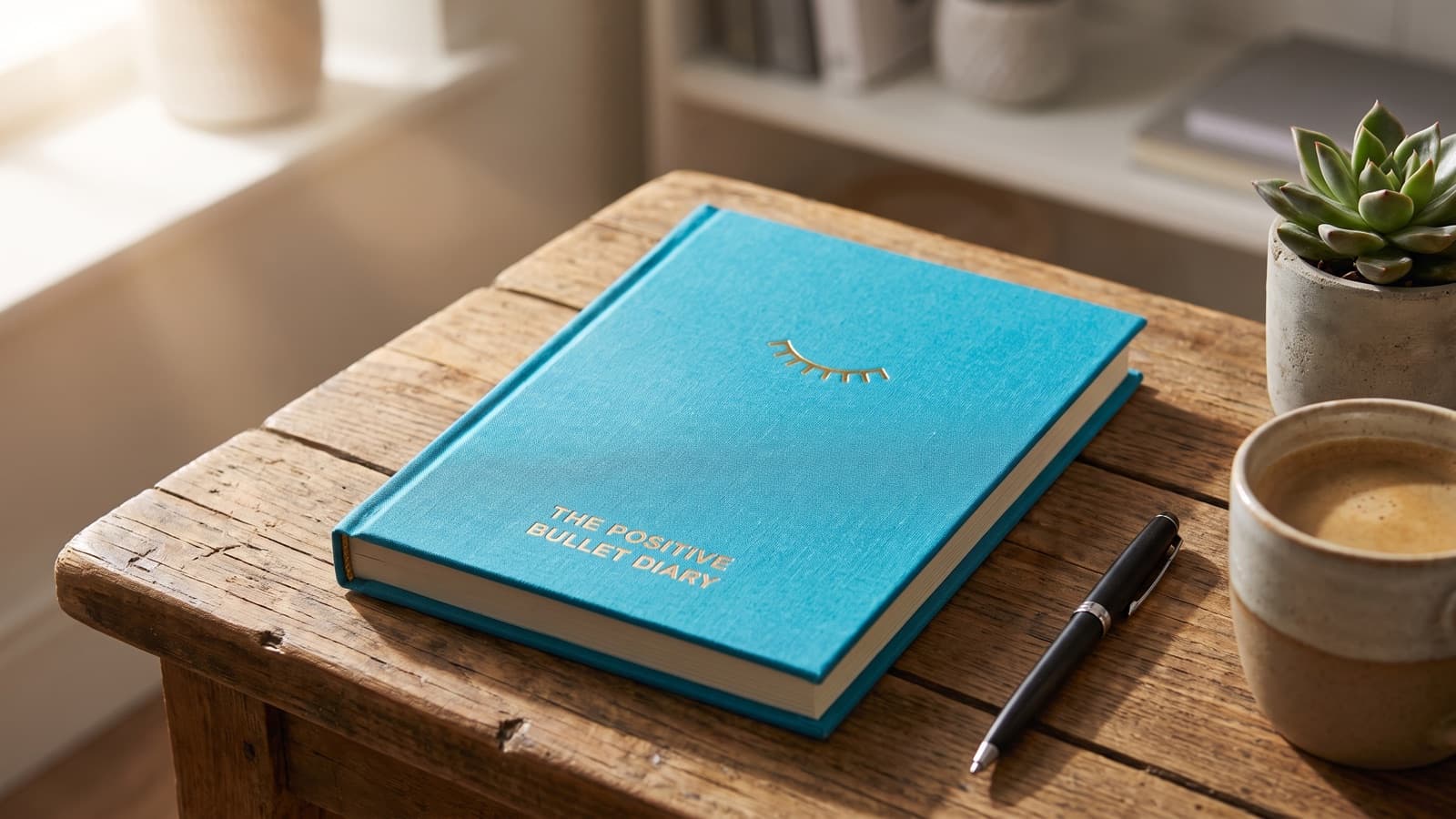 The Positive Bullet Diary on a wooden desk beside coffee and a pen in morning light