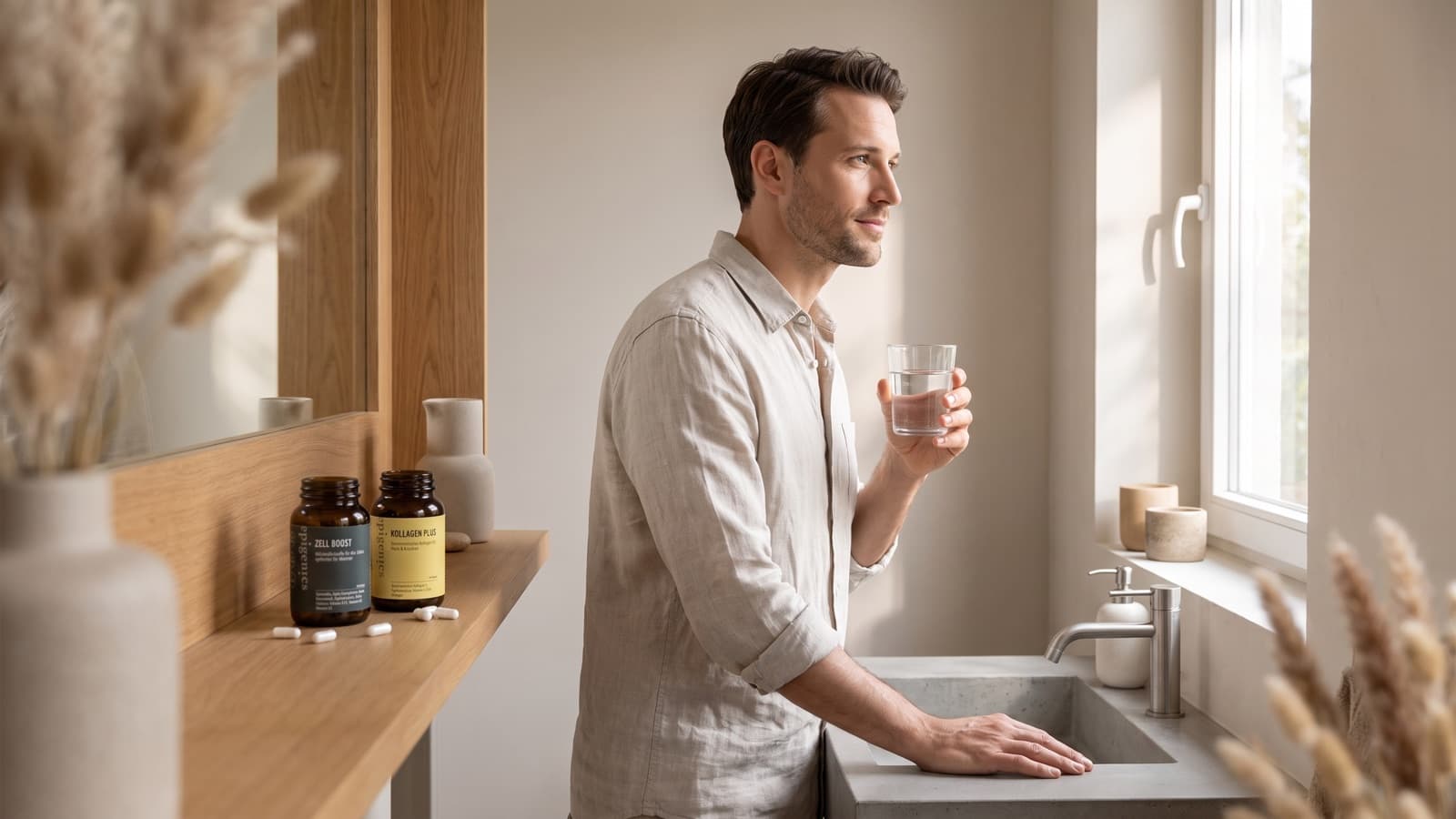 Calm man with clear skin during his morning routine beside the Epigenics products Zell Boost and Kollagen Plus in a bright bathroom