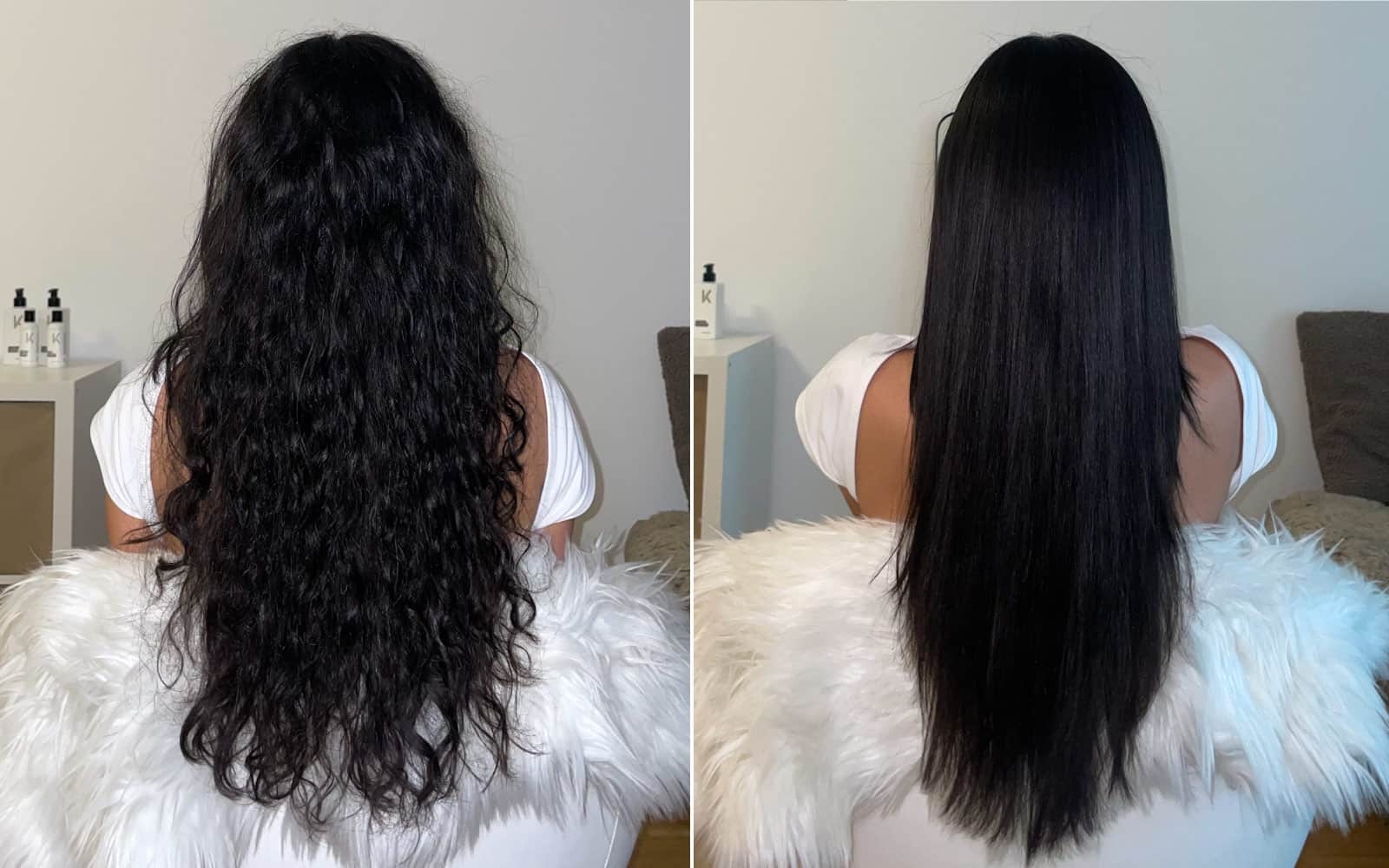 KERAZUL Keratin Treatment before and after: frizzy, wavy hair on the left, smooth and shiny on the right