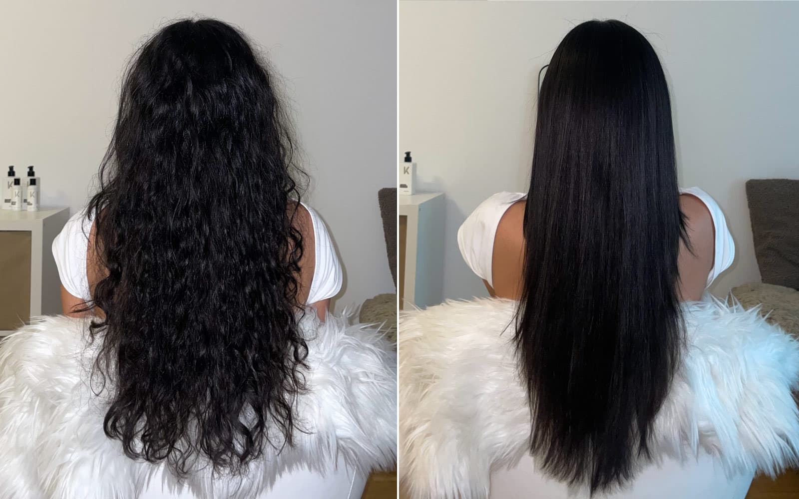 KERAZUL Keratin Treatment before and after: frizzy, wavy hair on the left, smooth and shiny on the right