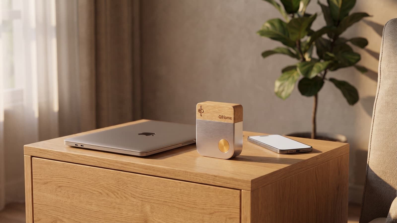 Smartphone and a small white device on a side table in a calm, modern living room